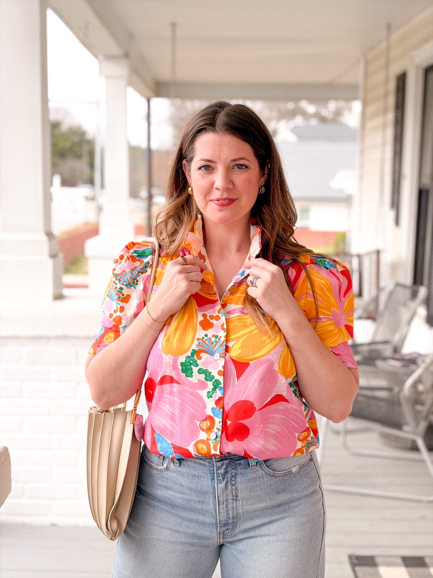 short sleeve colorful button up top