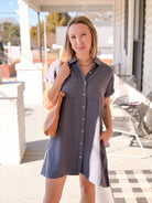 Charcoal Grey Button Front Mini Dress