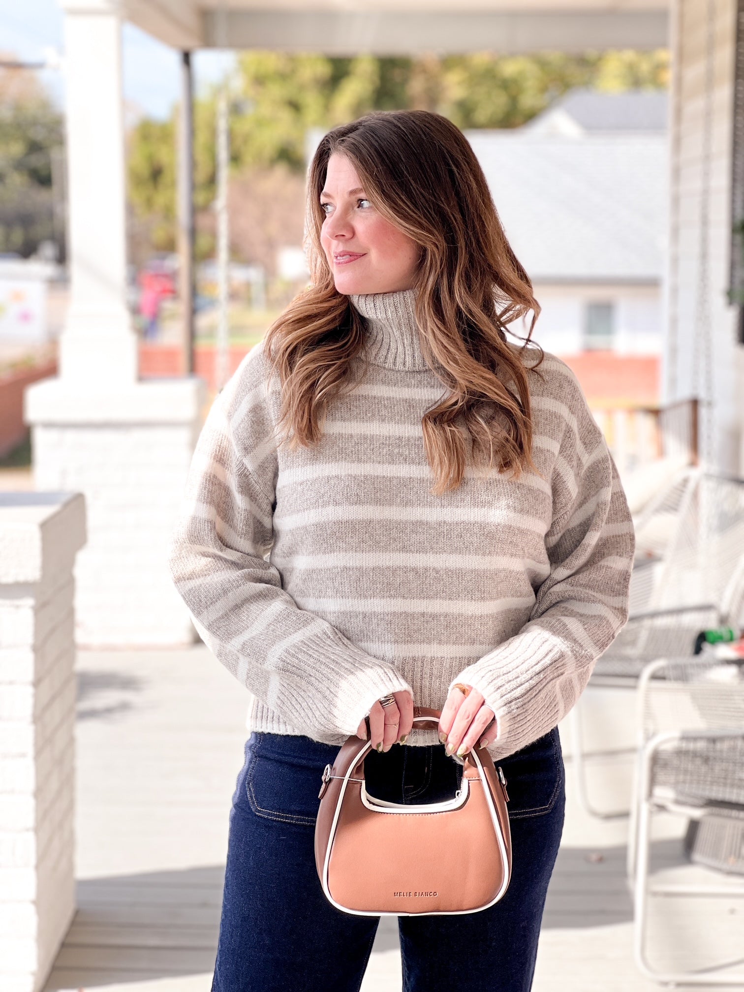 Taupe Long Sleeve Striped Turtleneck Sweater