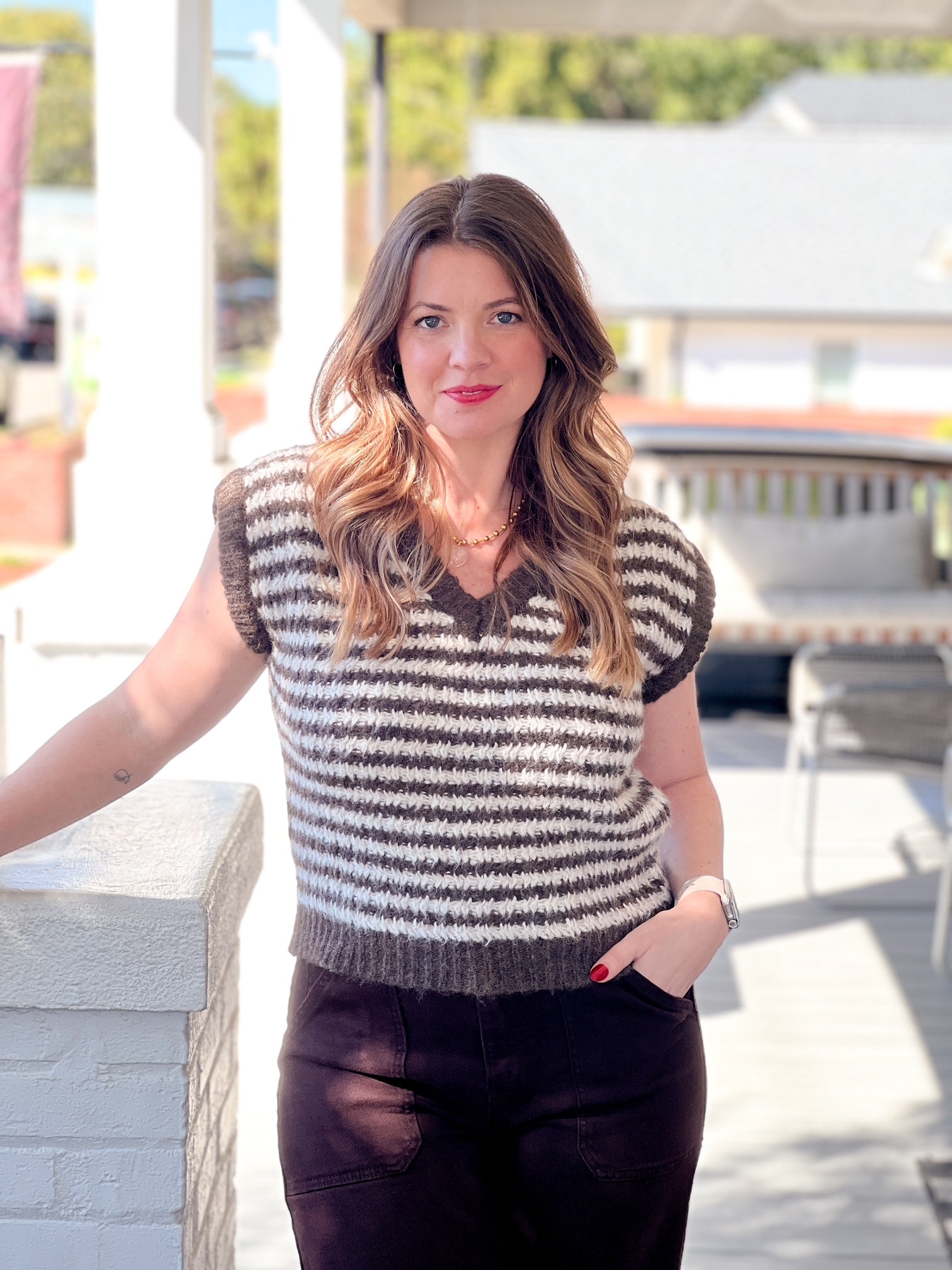 Striped Short Sleeve Sweater Vest