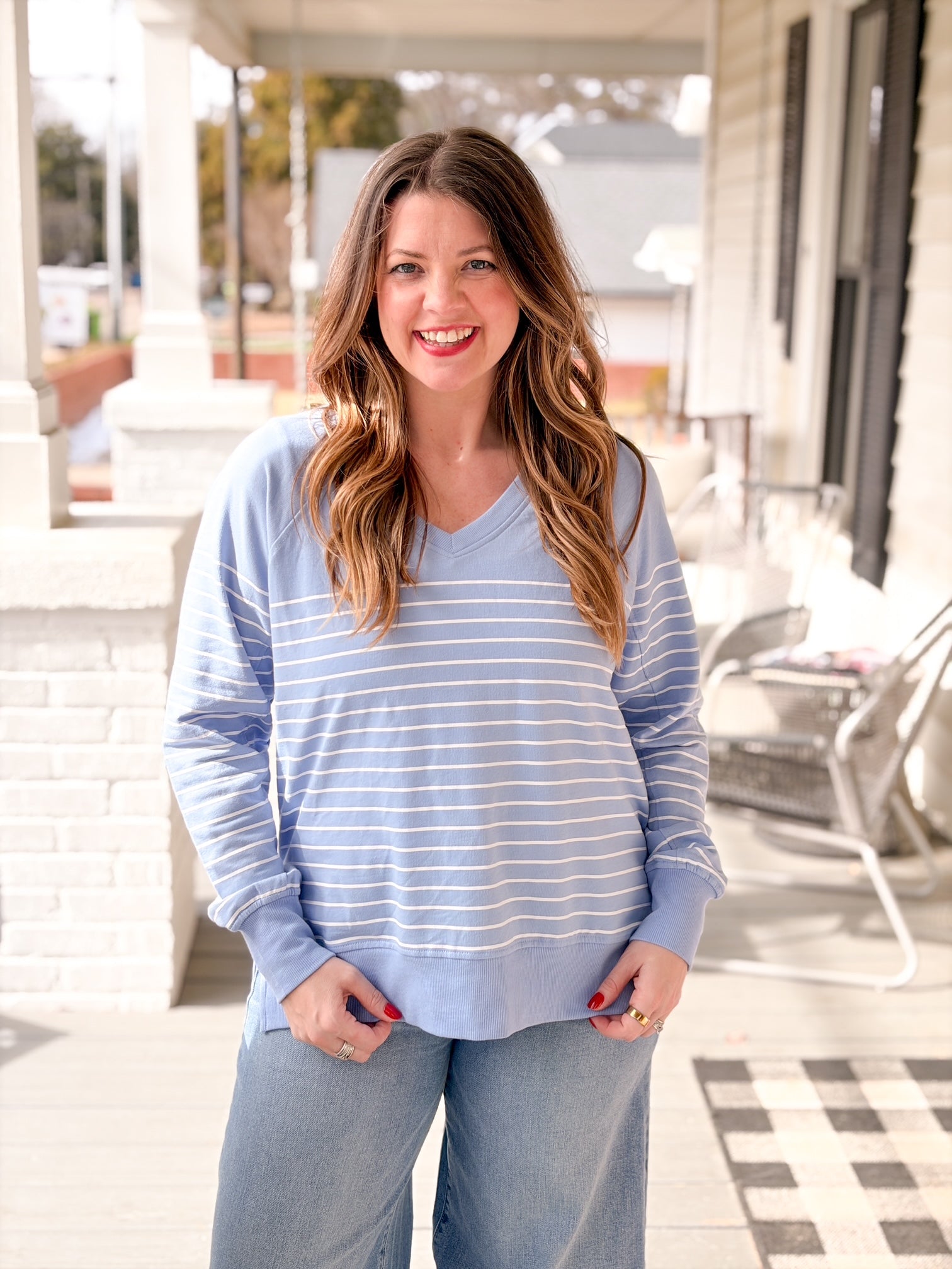 blue and white stripe v neck sweatshirt
