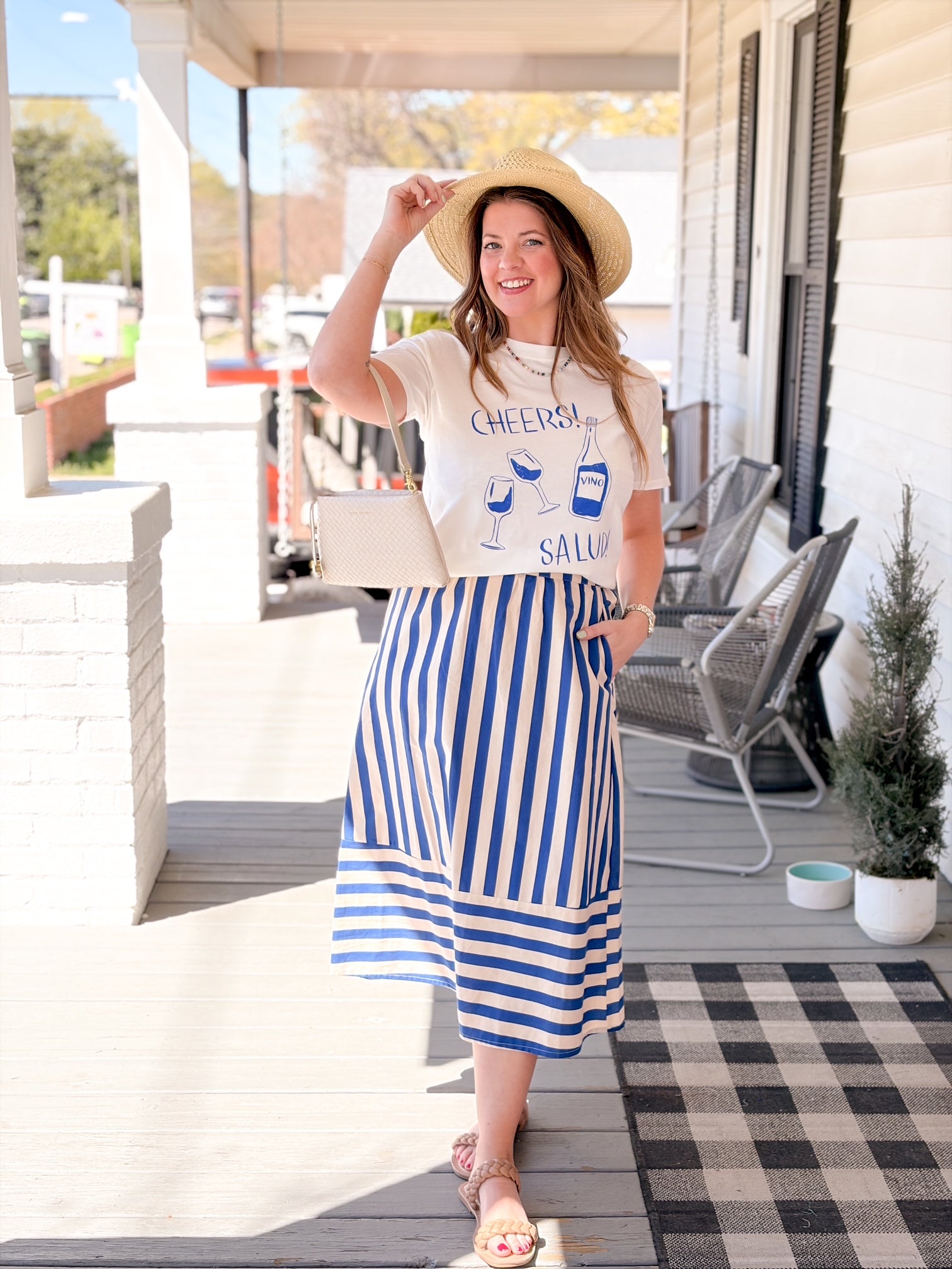 Bamboo Blue Stripe Print Midi Skirt