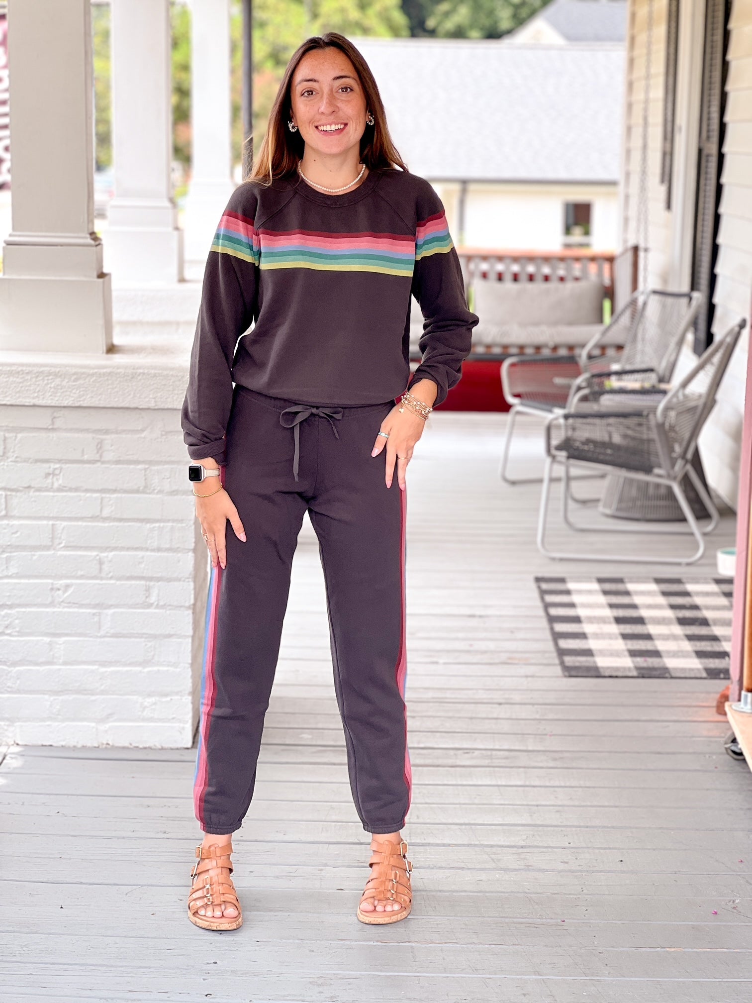 faded black sweatpants with rainbow pattern running down sides
