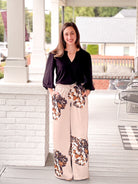 wide leg pants, large floral pattern, grey brown and black