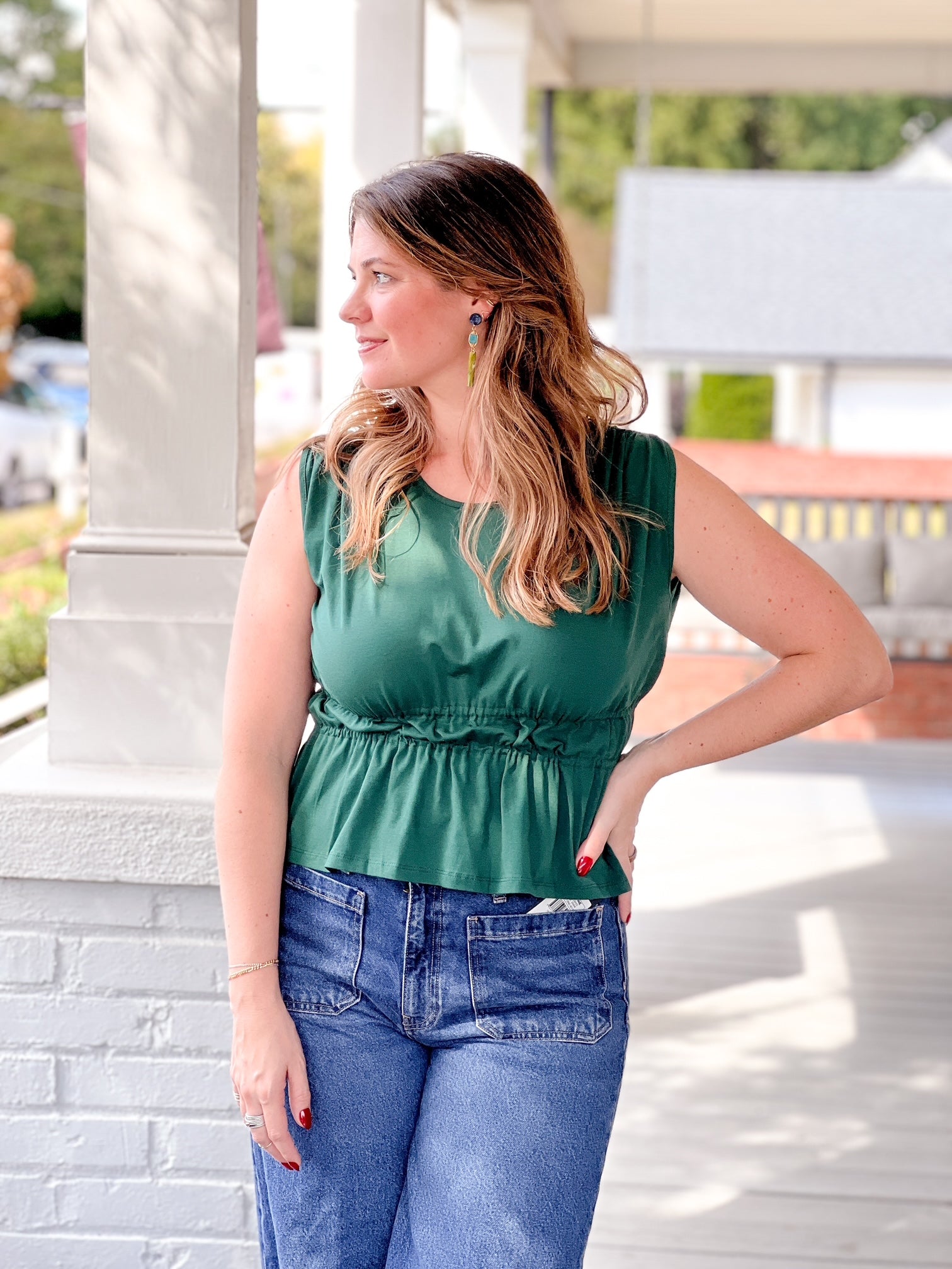 Green Sleeveless Tank Top with slight peplum
