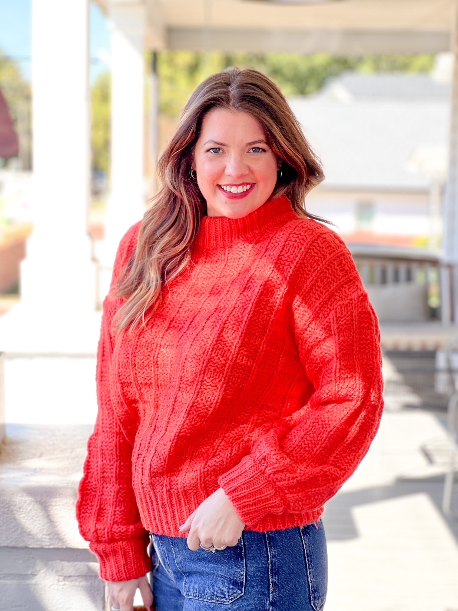 orange sweater with mock neck