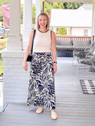 ankle length black and ivory tropical patterned skirt