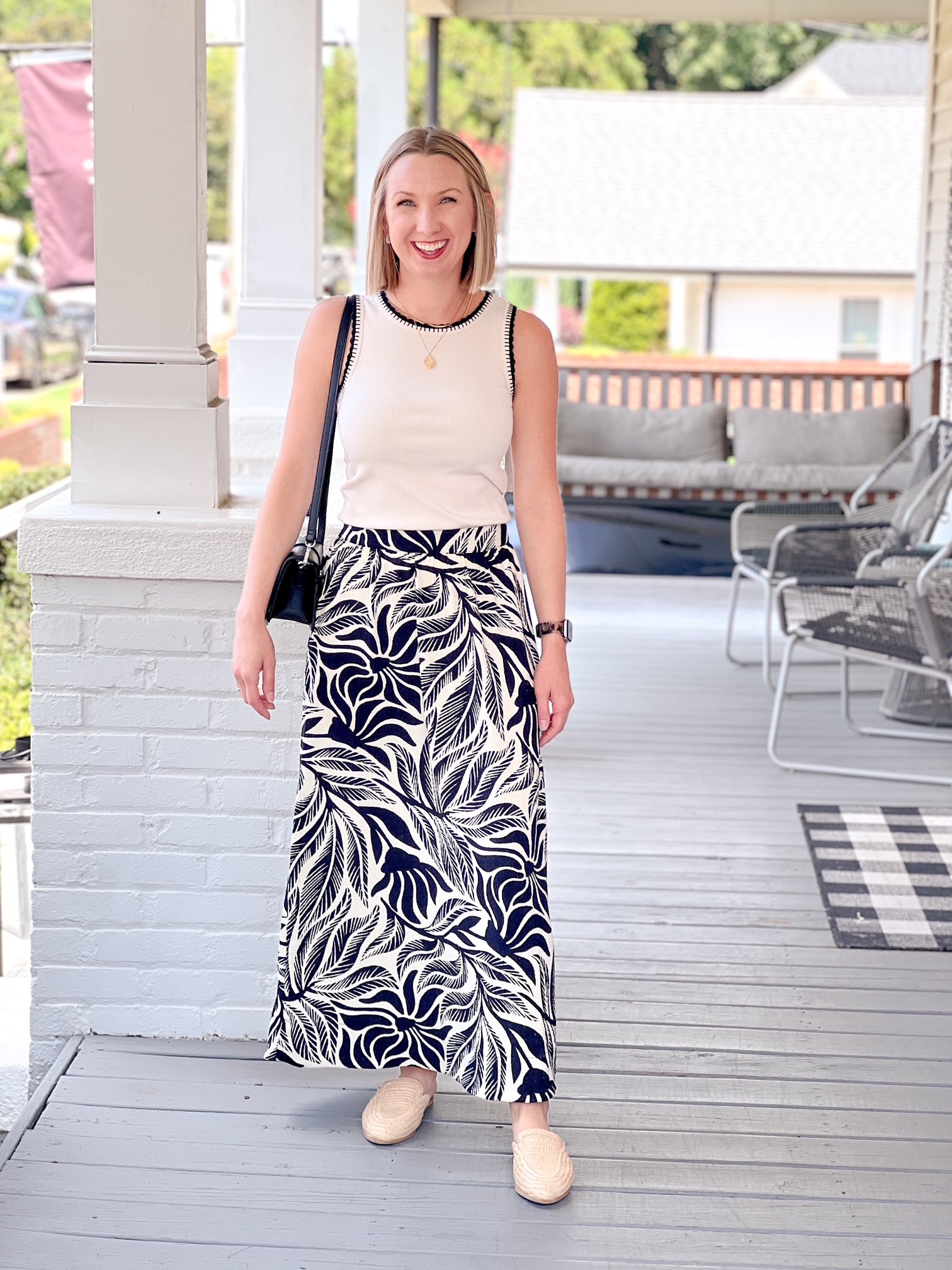 ankle length black and ivory tropical patterned skirt
