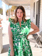 Green & White Tropical Print Smocked Midi Dress