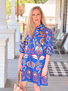 mini length dress, long sleeves, bright blue ikat pattern