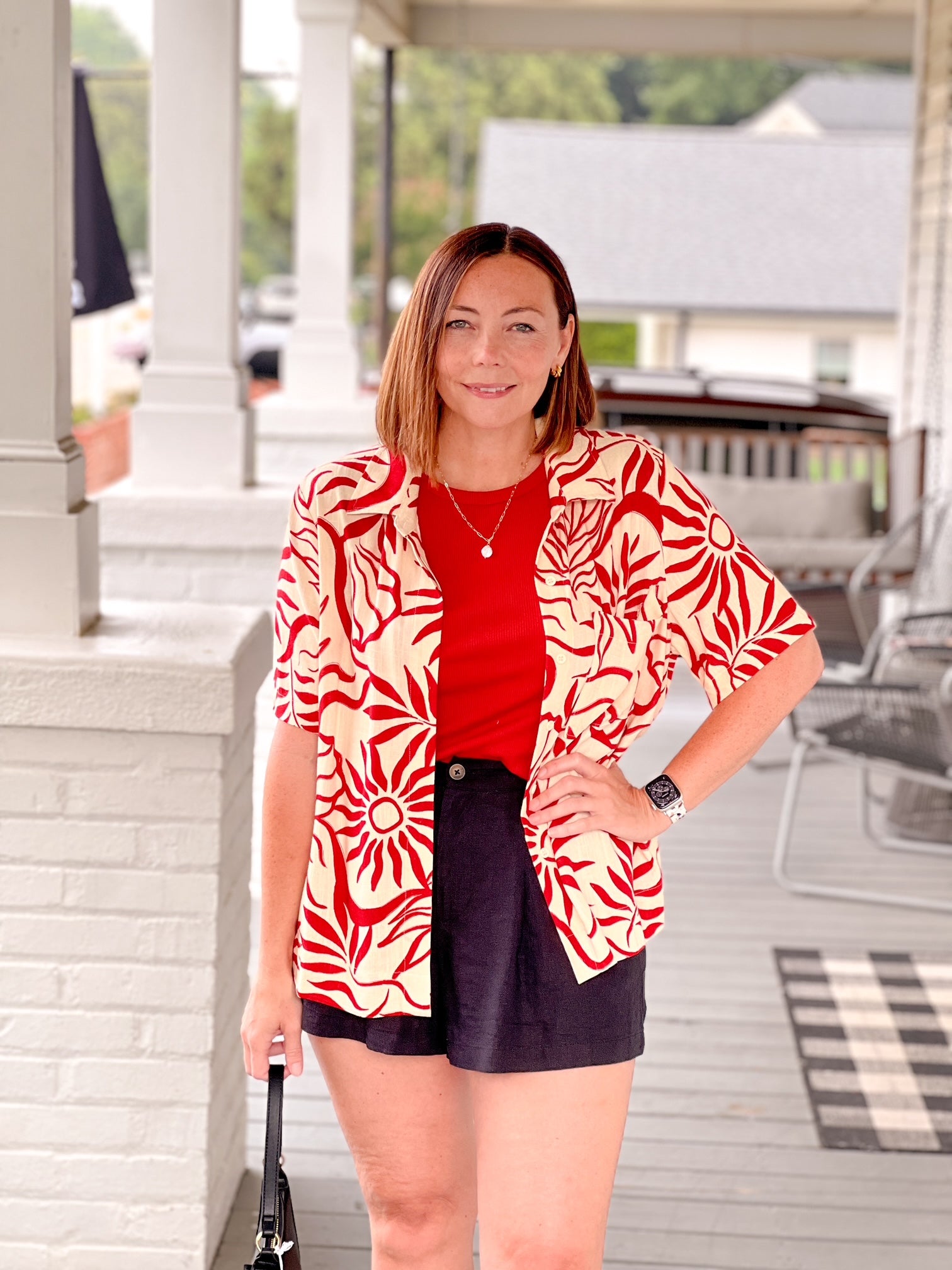 red and ivory button up top with fun tropical pattern