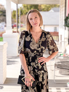 Black/Gold Floral Short Sleeve Maxi Dress