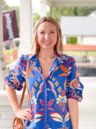 mini length dress, long sleeves, bright blue ikat pattern