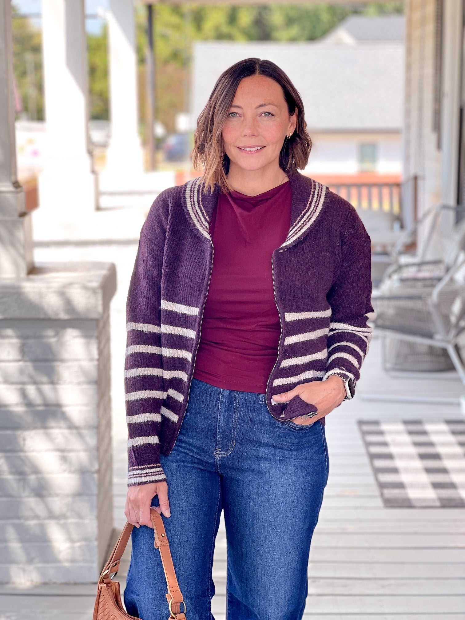 Plum Striped Long Sleeve Zip-Up Cardigan