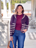 Plum Striped Long Sleeve Zip-Up Cardigan