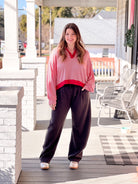 long sleeve shirt with collared neckline, red and white stripes