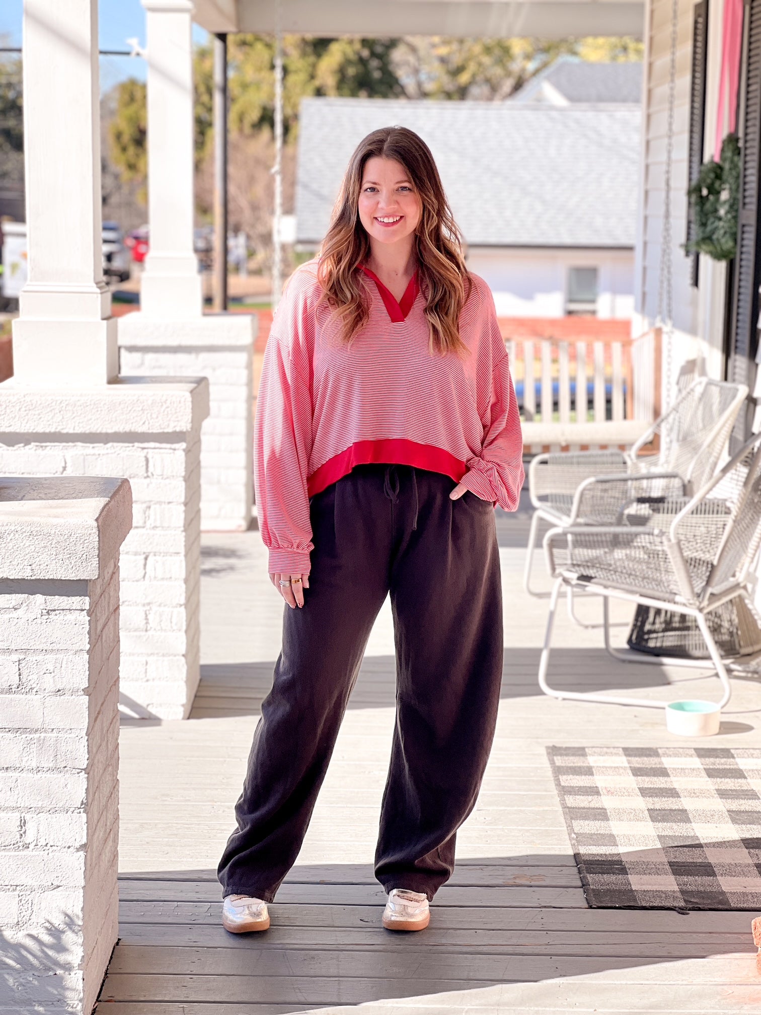 long sleeve shirt with collared neckline, red and white stripes