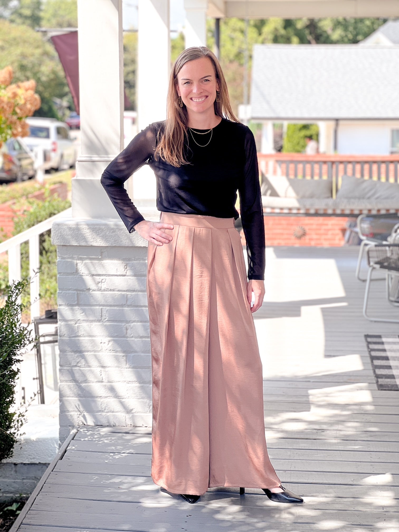 Brown Elastic Waistband Wide Leg Pants