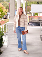 ivory jacket with light brown plaid