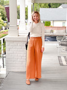 wide leg orange pants with elastic waist