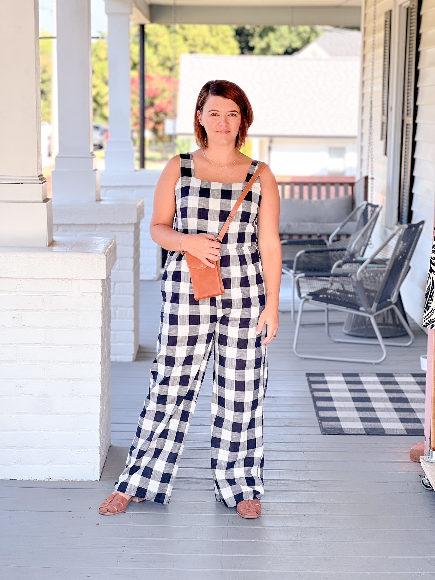 black and white gingham jumpsuit, sleeveless