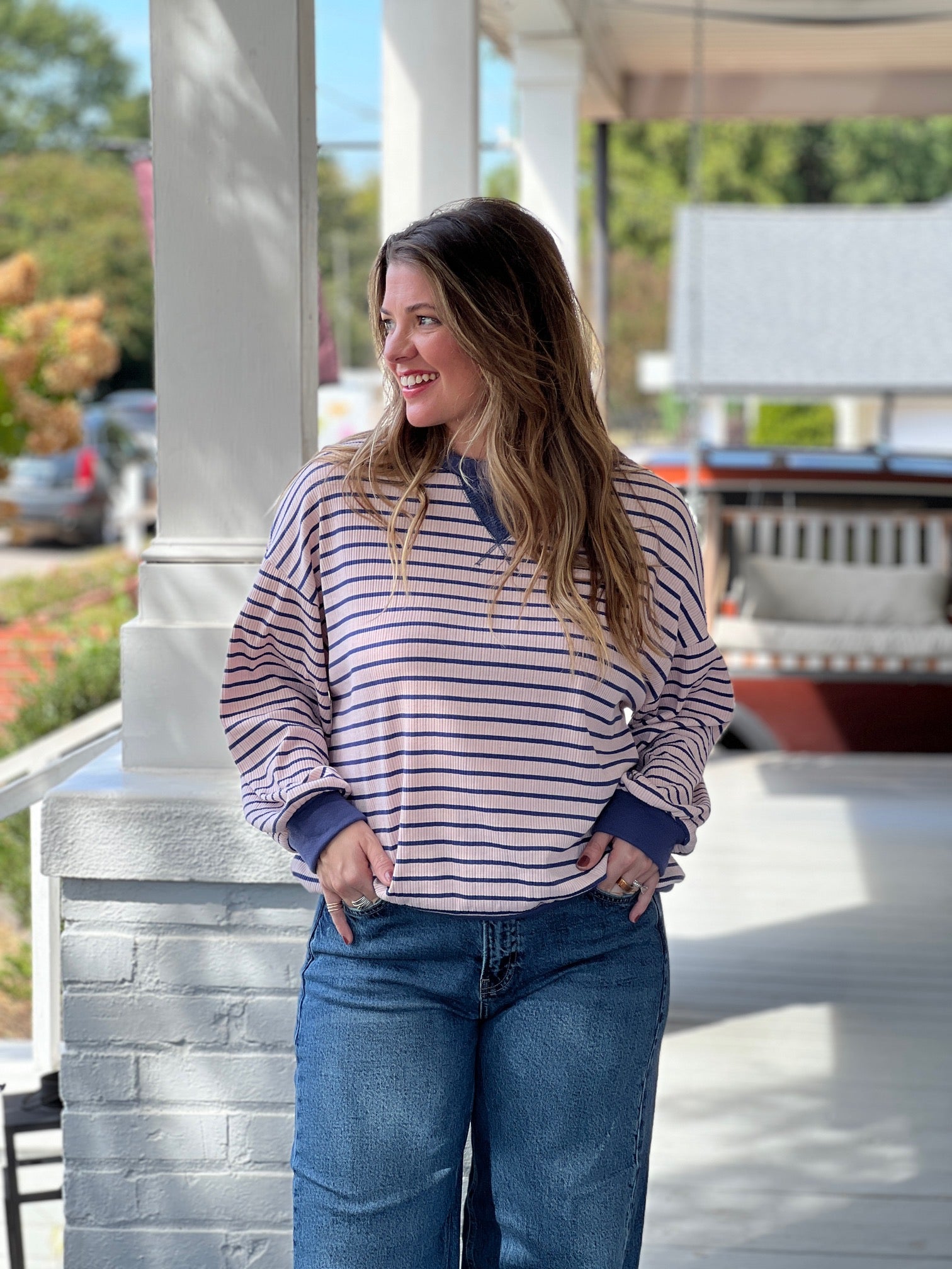 Pink/Denim Striped Long Sleeve Sweatshirt
