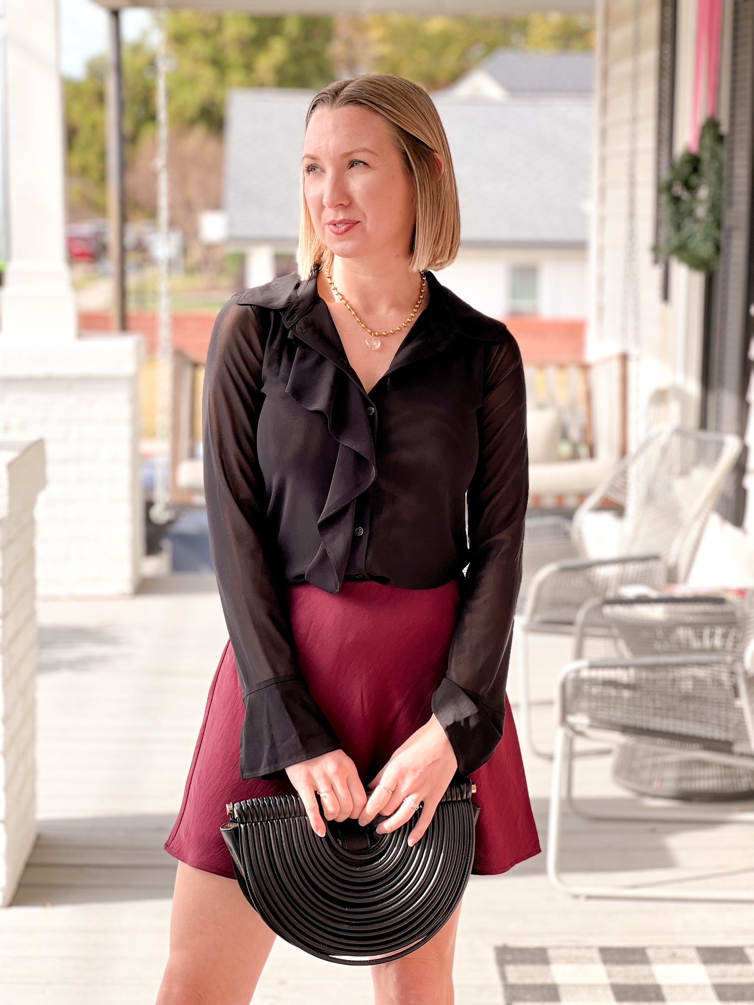 Black Long Sleeve Mesh Ruffled Top