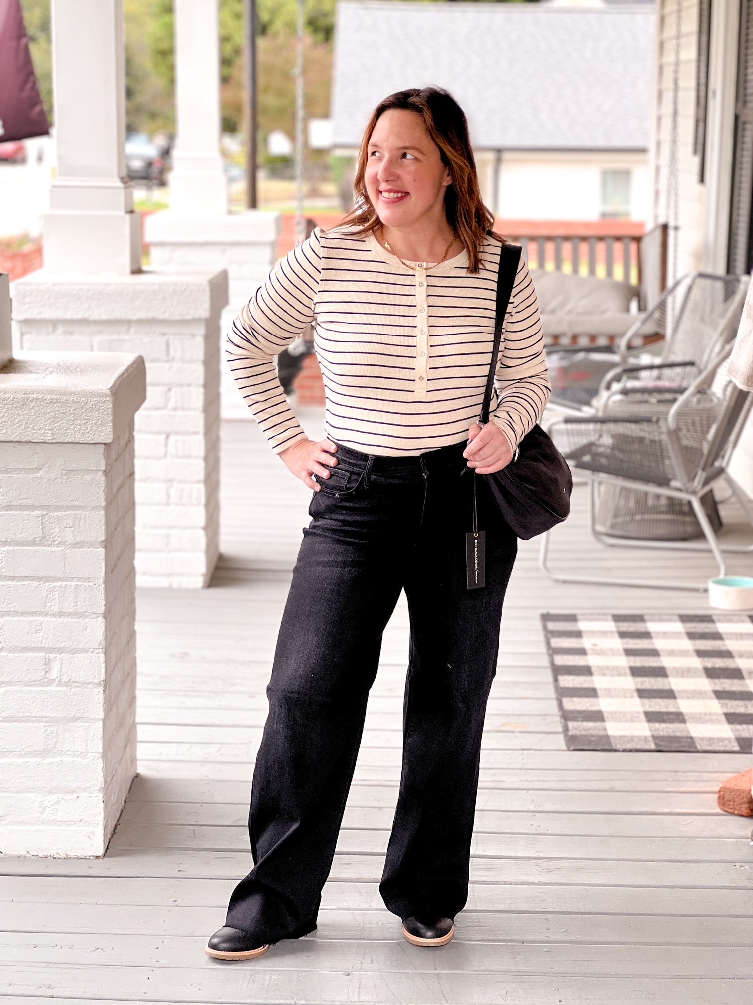 Light Oatmeal Heather Striped Henley Long Sleeve Top