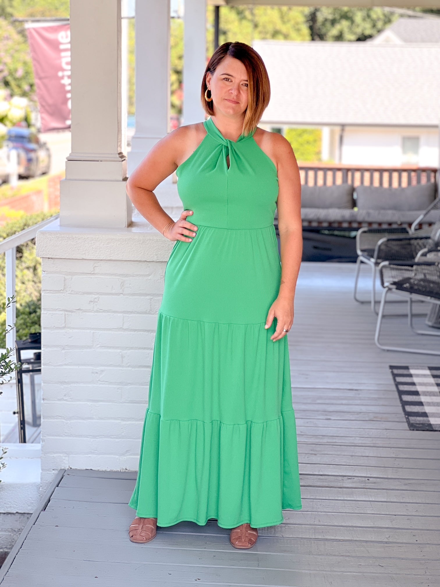 kelly green event dress, comfy, maxi length, halter top
