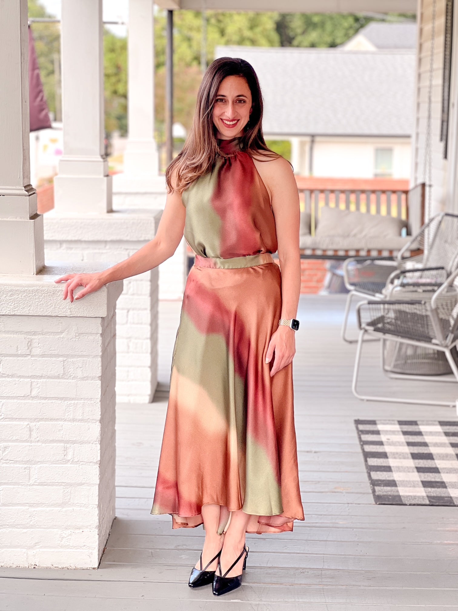 midi length skirt with brown, live, tans