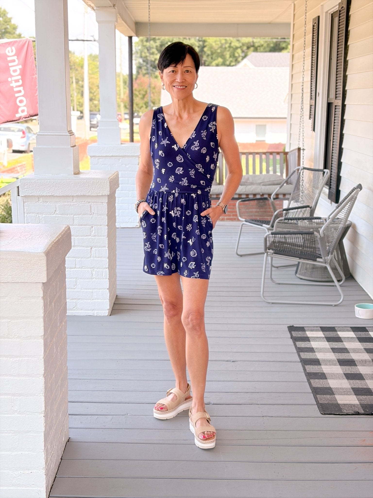 Rose & Lee Co Cynthia Romper, Navy/White Romper