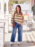 Green/White/Brown Striped Mock Neck Sweater