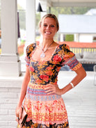 Maxi Length Colorful Printed Short Sleeve Dress