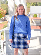 blue sweater with herringbone pattern