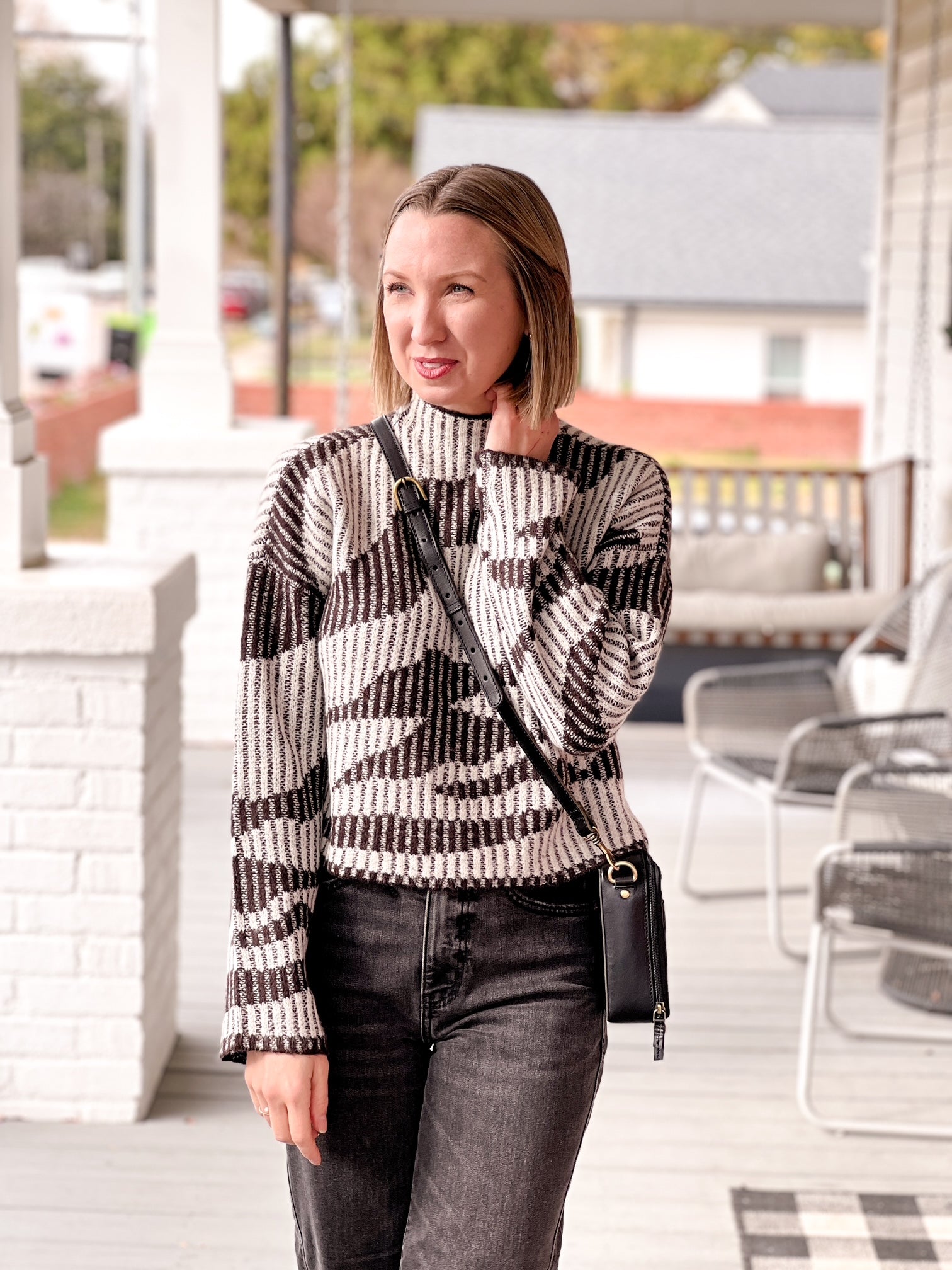 brown sweater with pattern, mock neckline