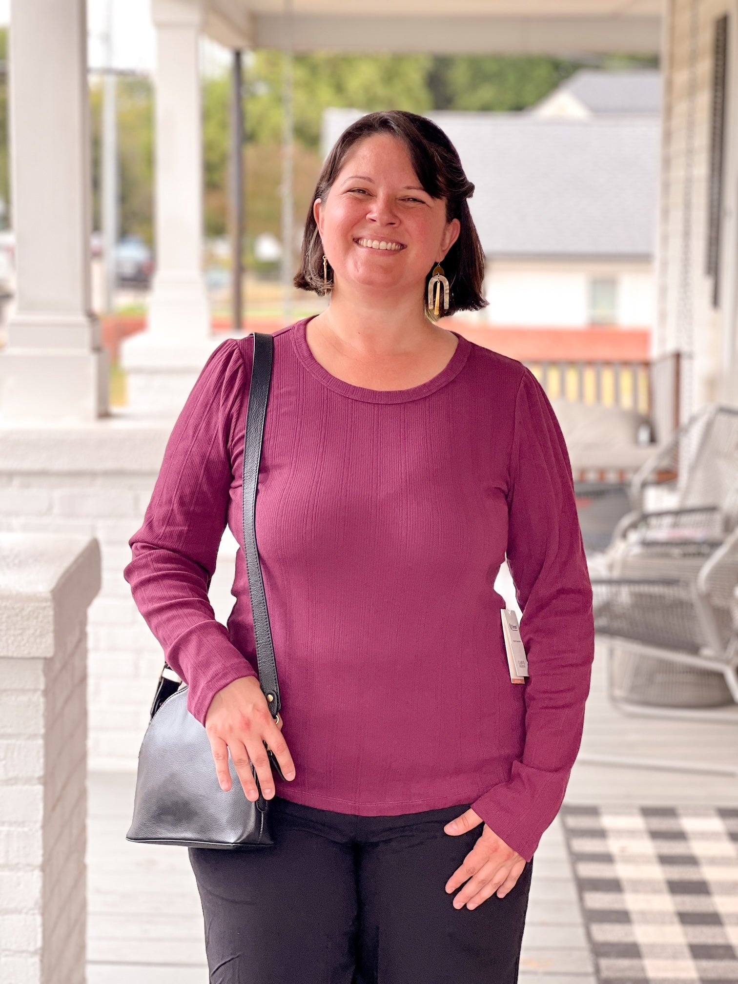 Burgundy Textured Crew Neckline Long Sleeve Top 