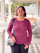 Burgundy Textured Crew Neckline Long Sleeve Top 