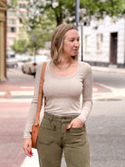 long sleeve oatmeal top with scoop neck