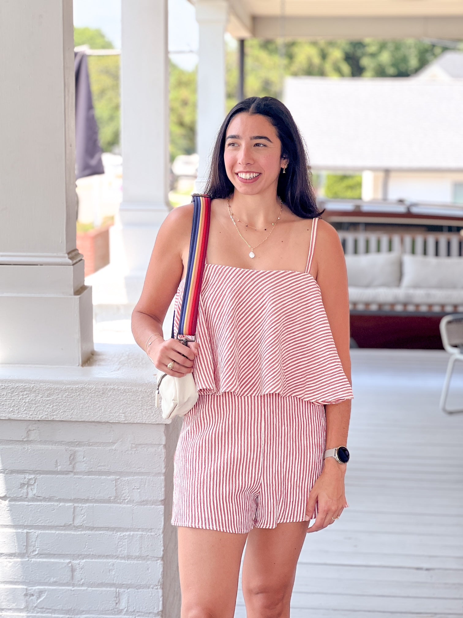 red and white mini stripe romper with tank top
