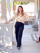 long sleeve work top with green floral print