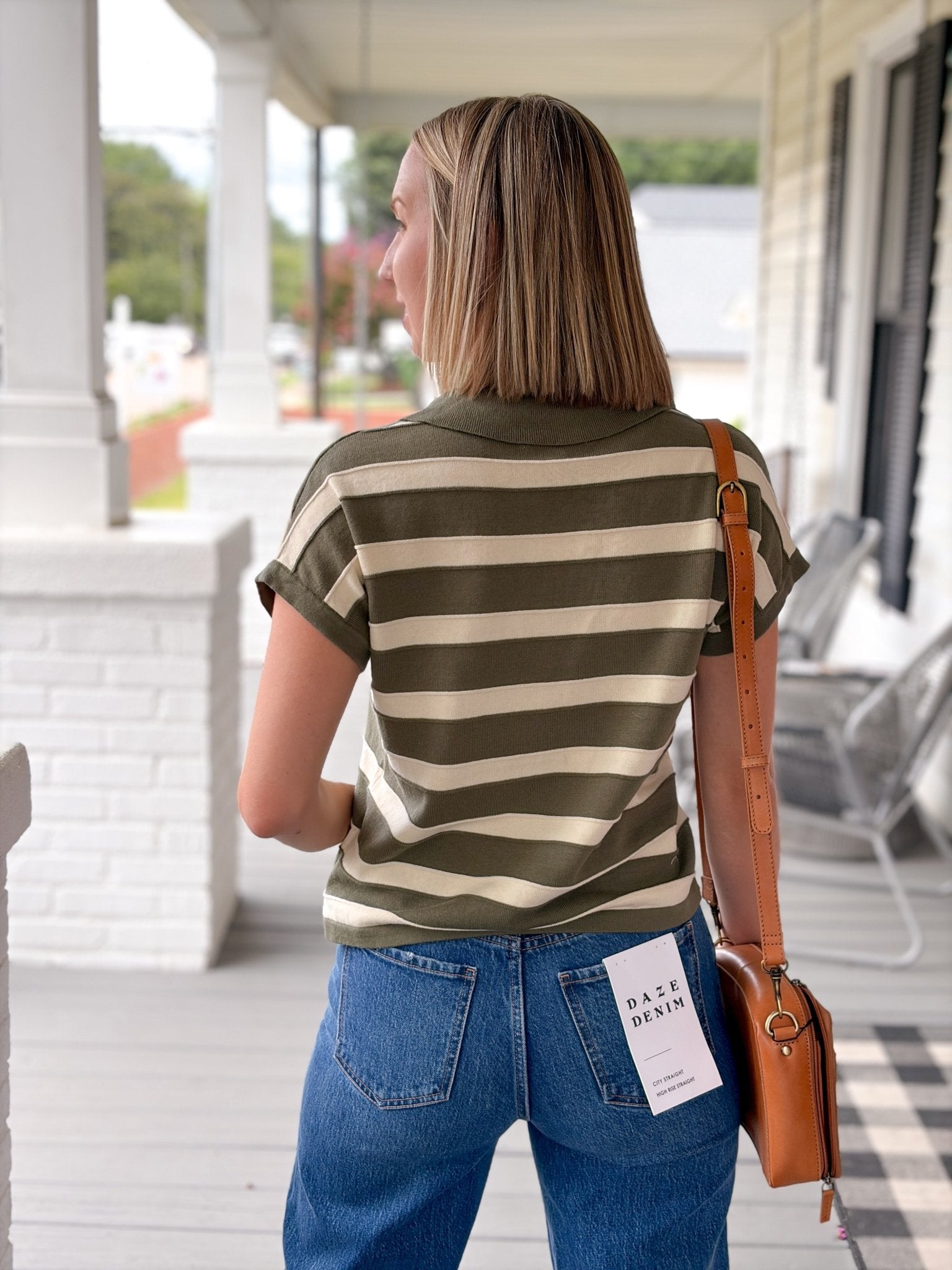 Rose & Lee Co Annabelle Top, Burnt Olive Stripe short sleeve