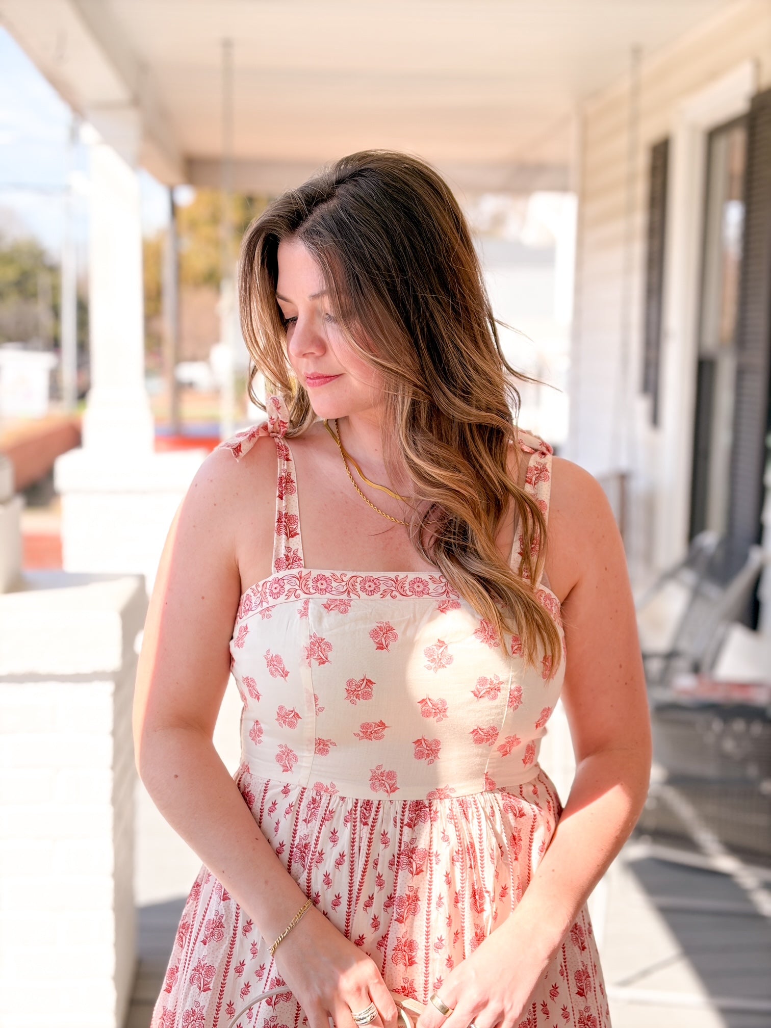 maxi length dress with floral pattern, tie straps