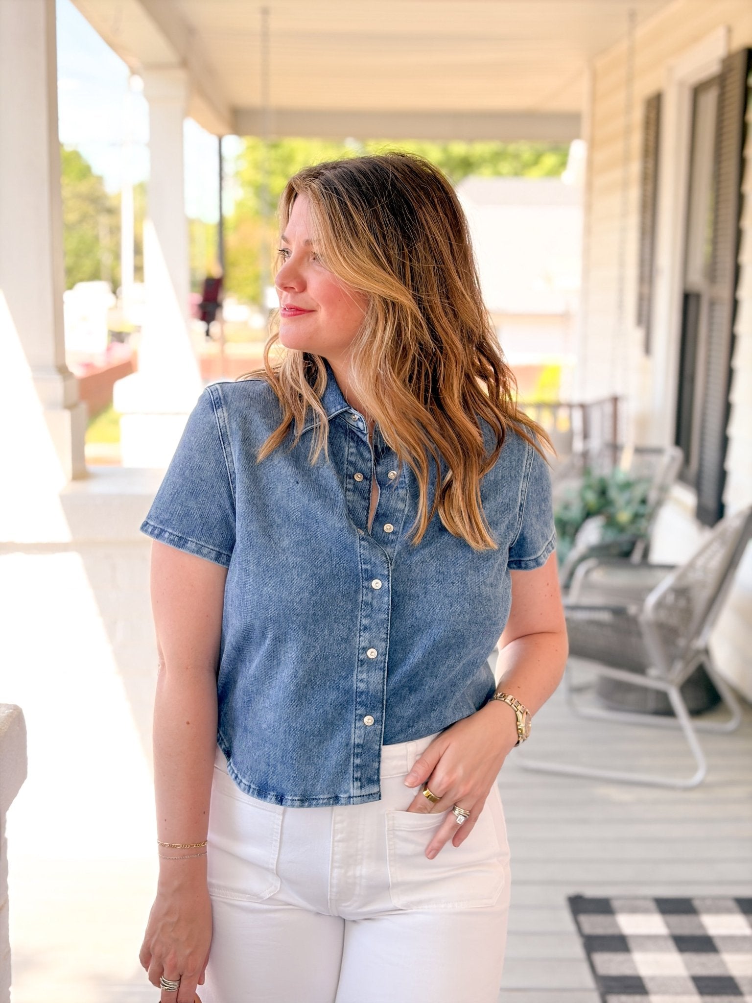 Rose & Lee Co Jessie Top, Mid Move Blue by Mavi Jeans short sleeve