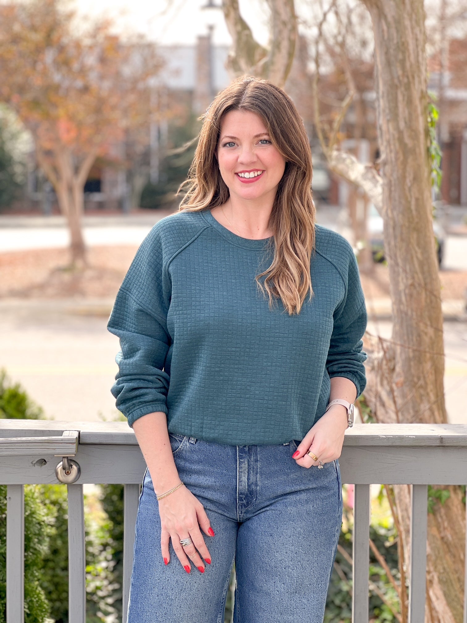 quilted teal crewneck sweater