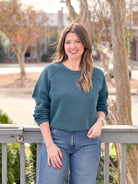 quilted teal crewneck sweater