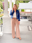 mocha pants with white pinstripe, elastic waist