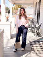 white and pink stripe button up top