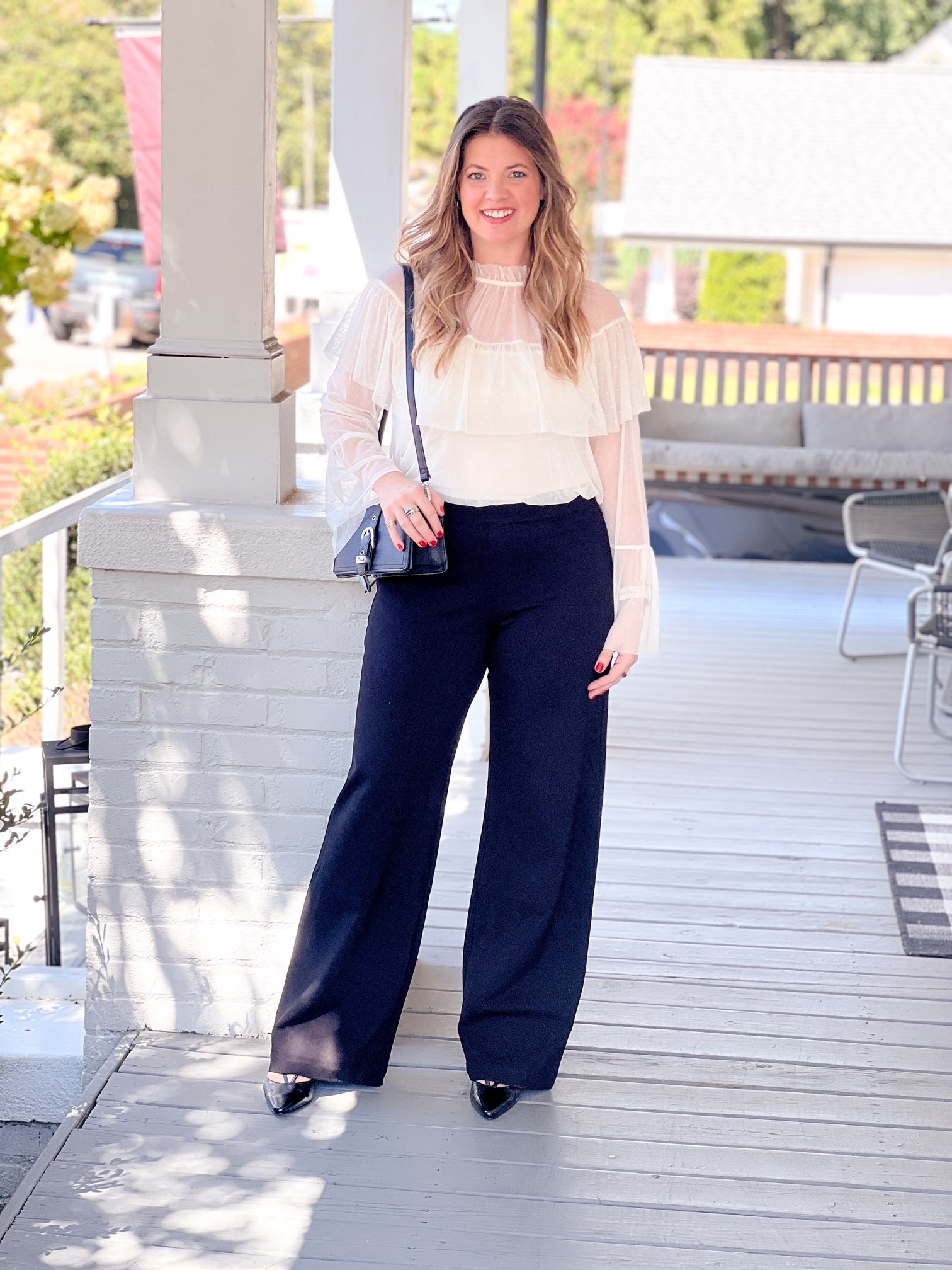 black, wide leg, semi high waist work pants