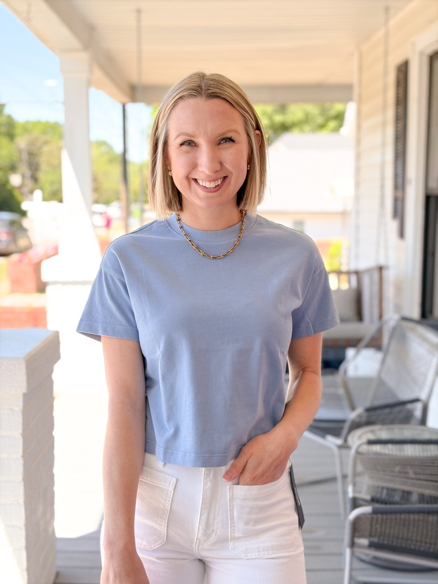Rose & Lee Co Luxe Sueded Tee, Coastal Blue by Marine Layer short sleeve
