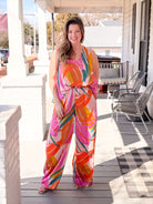 sleeveless tank with v neckline, bright abstract pattern